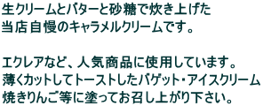 生クリームとバターと砂糖で炊き上げた 当店自慢のキャラメルクリームです。 エクレアなど、人気商品に使用しています。 薄くカットしてトーストしたバゲット・アイスクリーム 焼きりんご等に塗ってお召し上がり下さい。